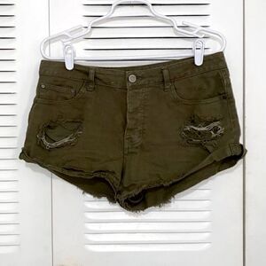 Button Fly Cut-Offs Jean Shorts Denim Olive Green Army 28